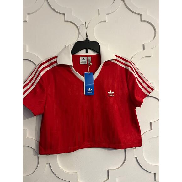 NEW ADIDAS Adicolor Football Jacquard XL - Red Cropped Polo - Picture 8 of 8